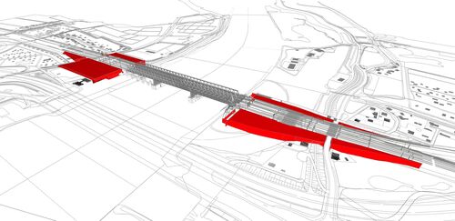 Visualisierung: Rote Flächen an jedem Brückenkopf auf beiden Seiten der Gleise